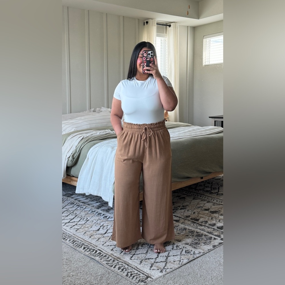 ANRABESS Women Linen Pants Casual Loose High WaistTan Wide-Leg Pants